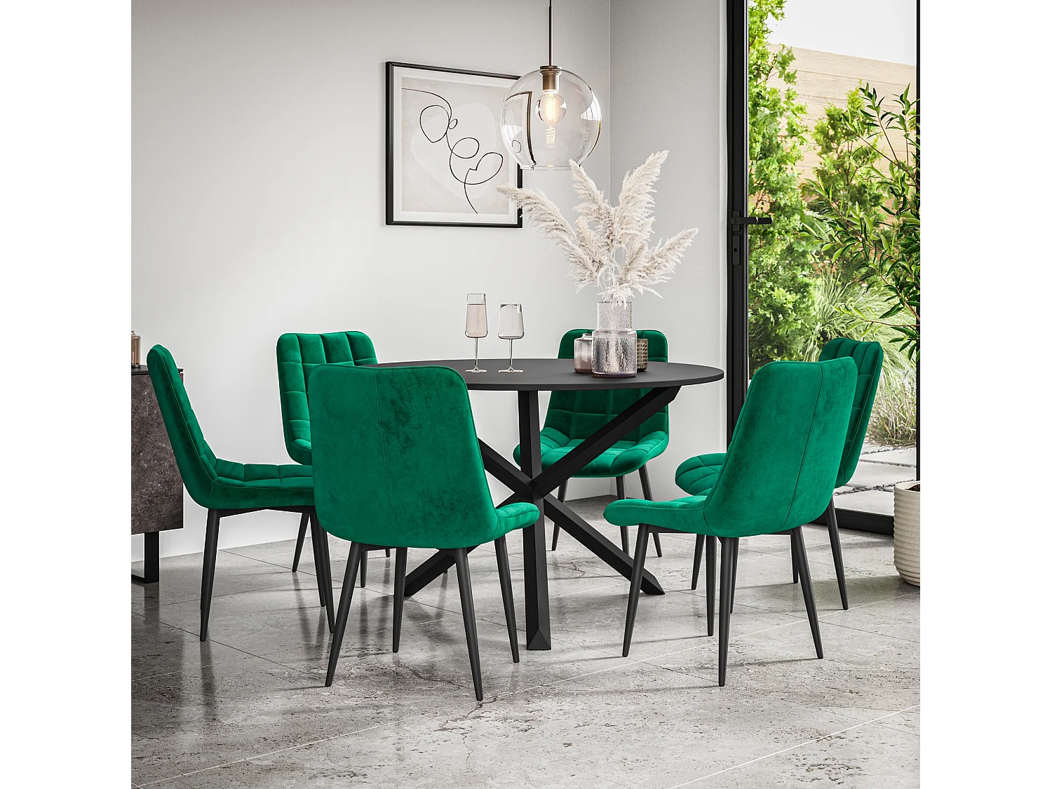 Malvern Round Dining Table And Chairs -  Black Table Top w Solid Oak Black Legs + Nova Velvet Dining Chair Set Of 6