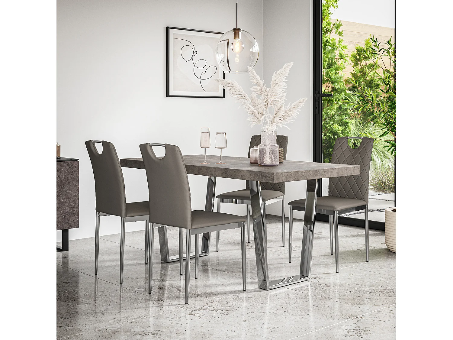 Aria Dining Table And Chairs -  Concrete Effect Table Top w Chrome Legs + Monza Faux Leather Dining Chair w Chrome Legs Set Of 4