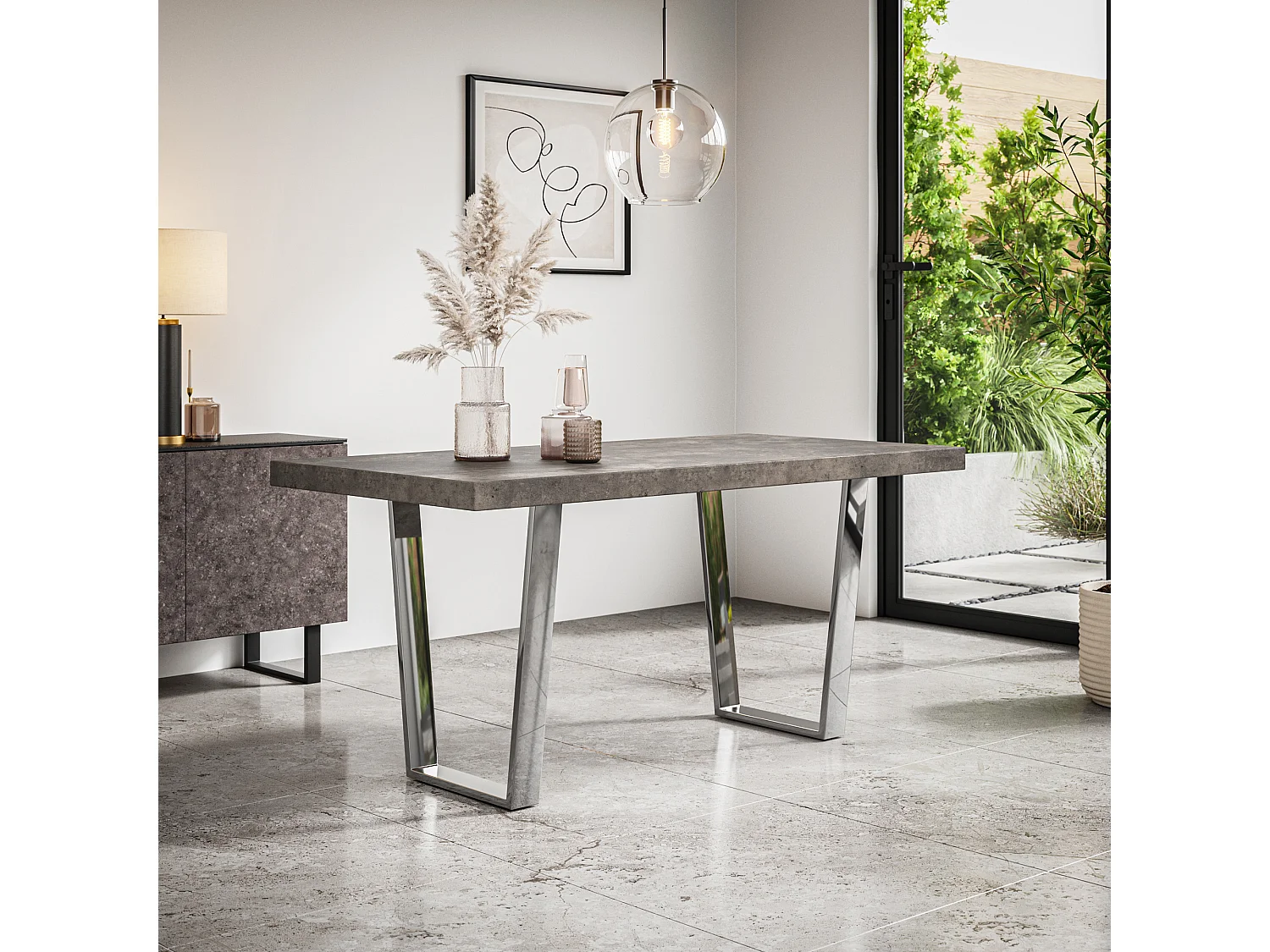 Aria Dining Table And Chairs -  Concrete Effect Table Top w Chrome Legs + Monza Faux Leather Dining Chair w Chrome Legs Set Of 4