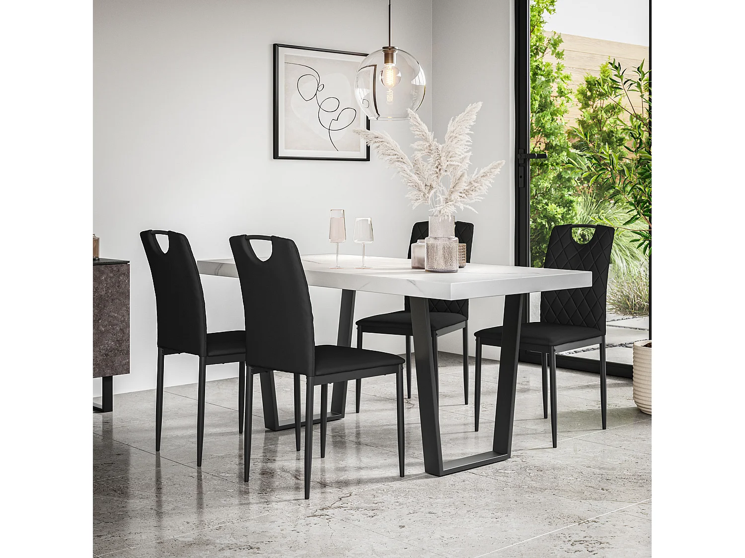 Aria Dining Table And Chairs -  White Marble Effect Table Top w Black Legs + Monza Faux Leather Dining Chair Set Of 6