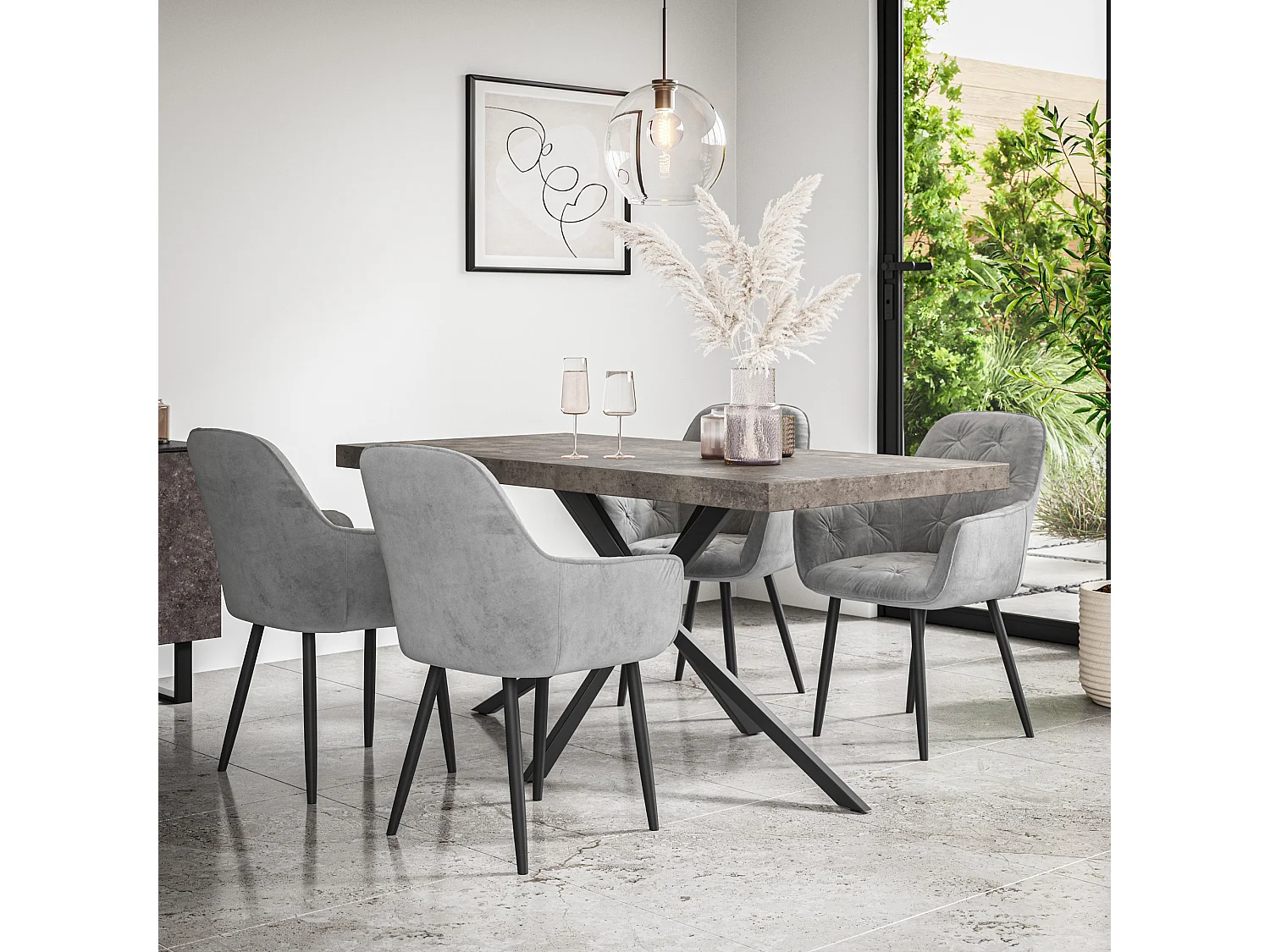 Donni Dining Table And Chairs -  Concrete Effect Table Top w Black Legs + Anika Velvet Dining Chair Set Of 4