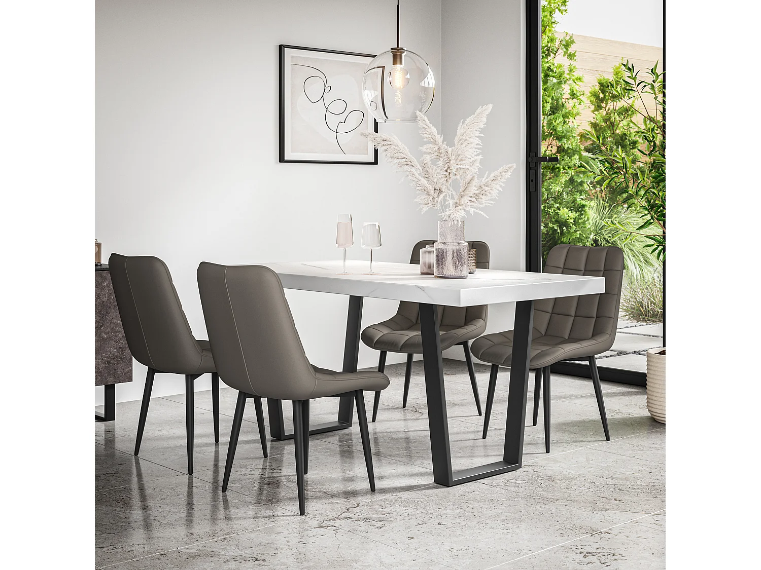 Aria Dining Table And Chairs -  White Marble Effect Table Top w Black Legs + Nova Faux Leather Dining Chair Set Of 4