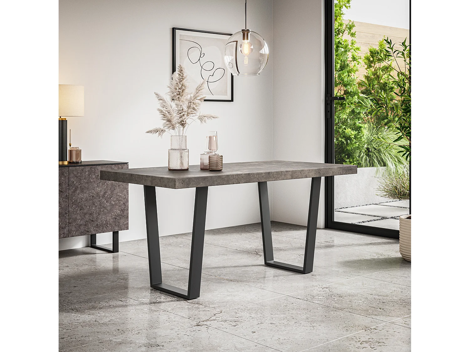 Aria Dining Table And Chairs -  Concrete Effect Table Top w Black Legs + Anika Velvet Dining Chair Set Of 4