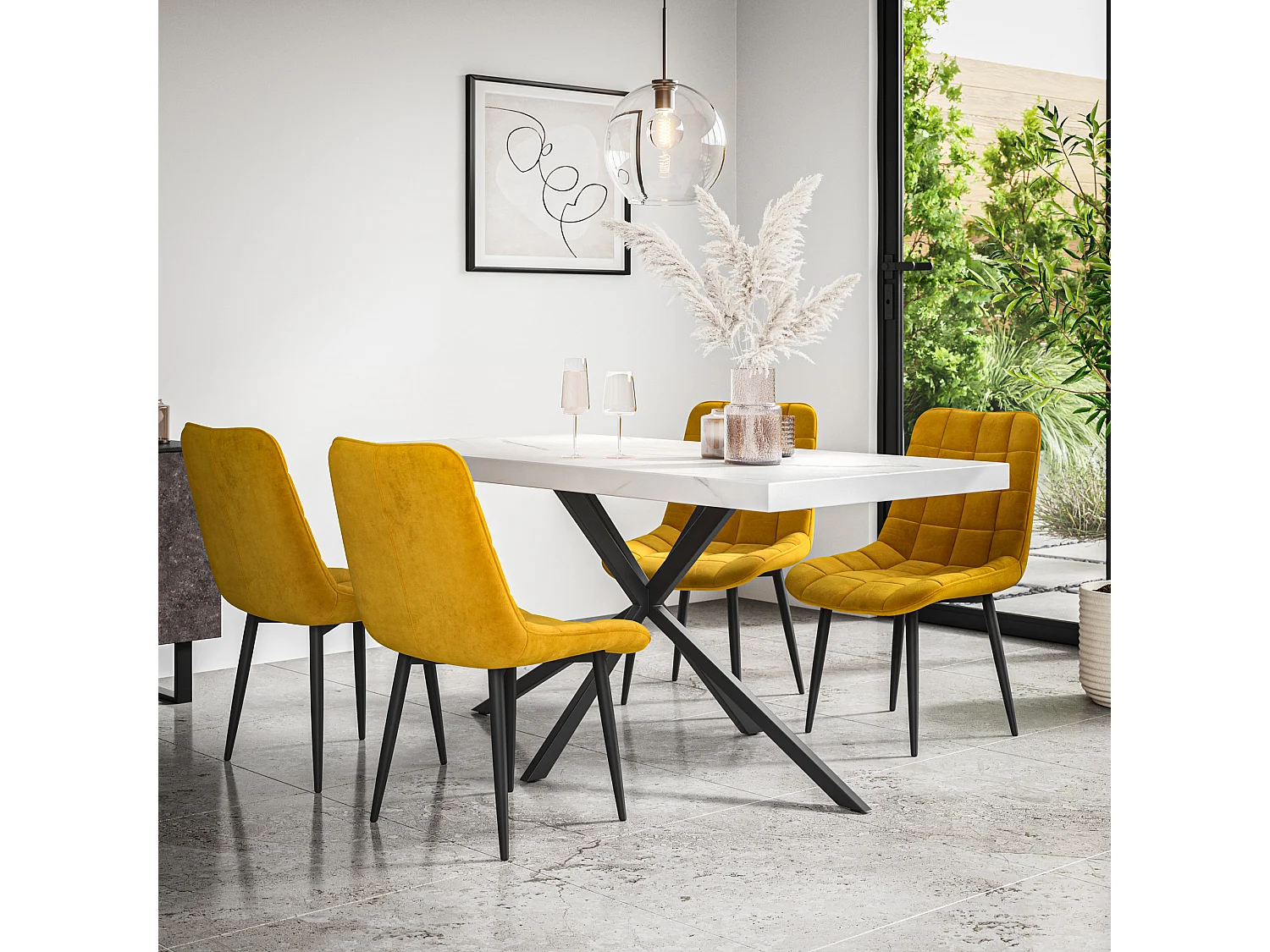 Donni Dining Table And Chairs -  White Marble Effect Table Top w Black Legs + Nova Velvet Dining Chair Set Of 6