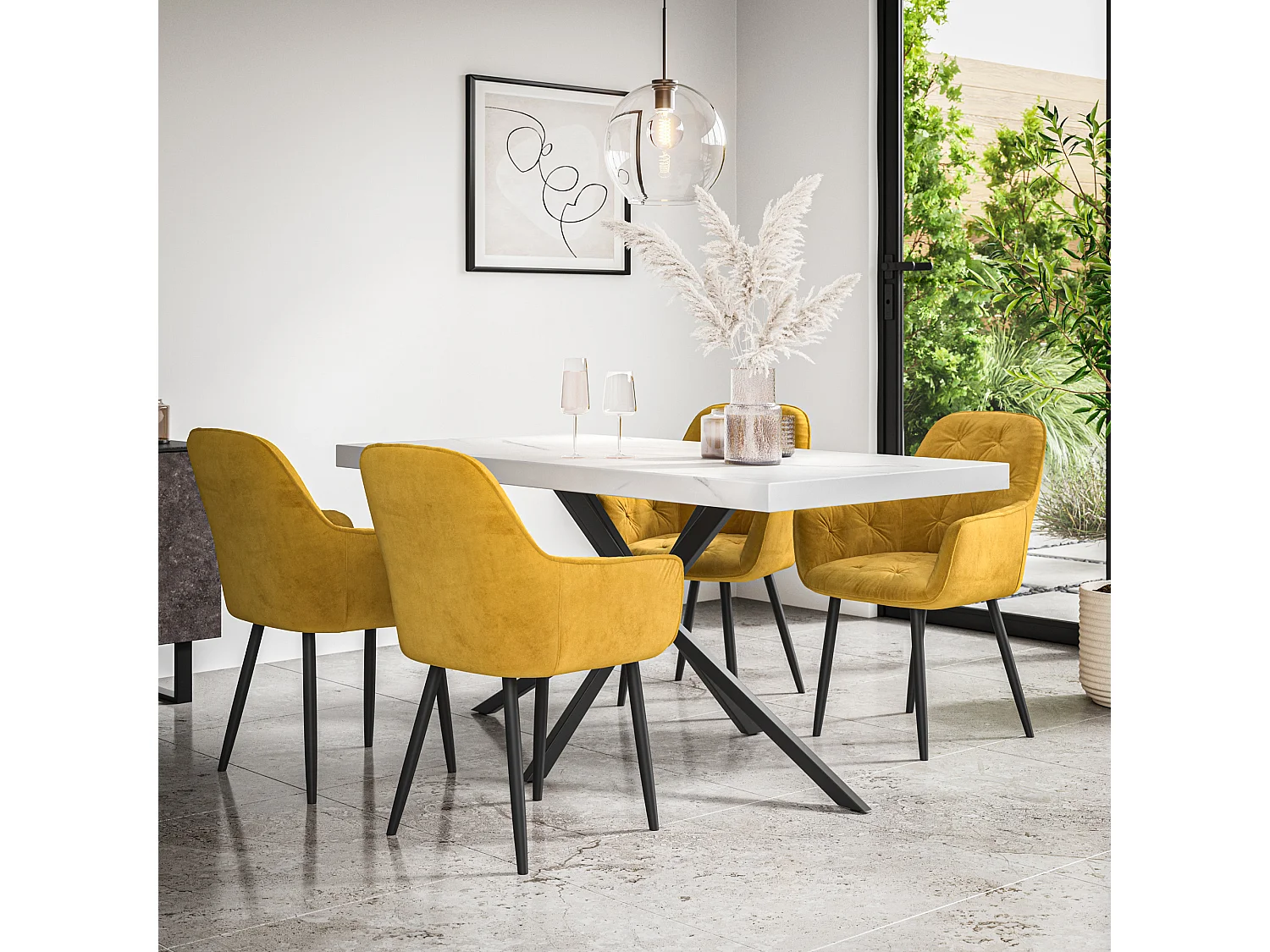 Donni Dining Table And Chairs -  White Marble Effect Table Top w Black Legs + Anika Velvet Dining Chair Set Of 4