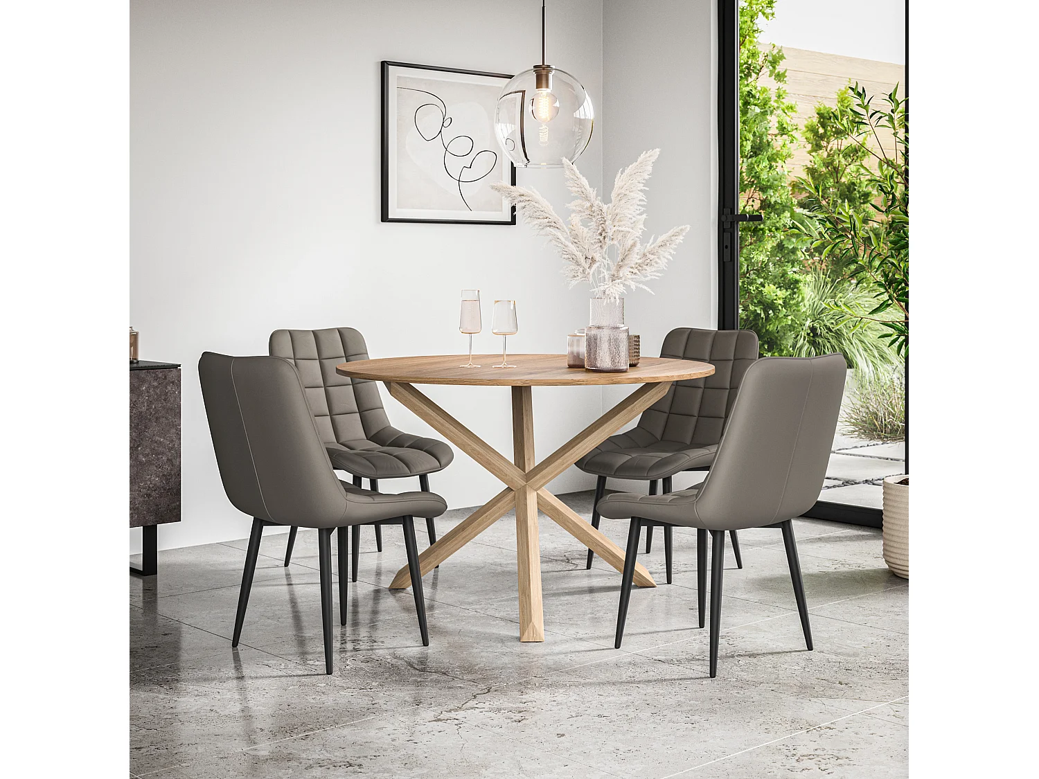 Malvern Round Dining Table And Chairs -  Oak Table Top w Solid Oak Legs + Nova Faux Leather Dining Chair Set Of 4