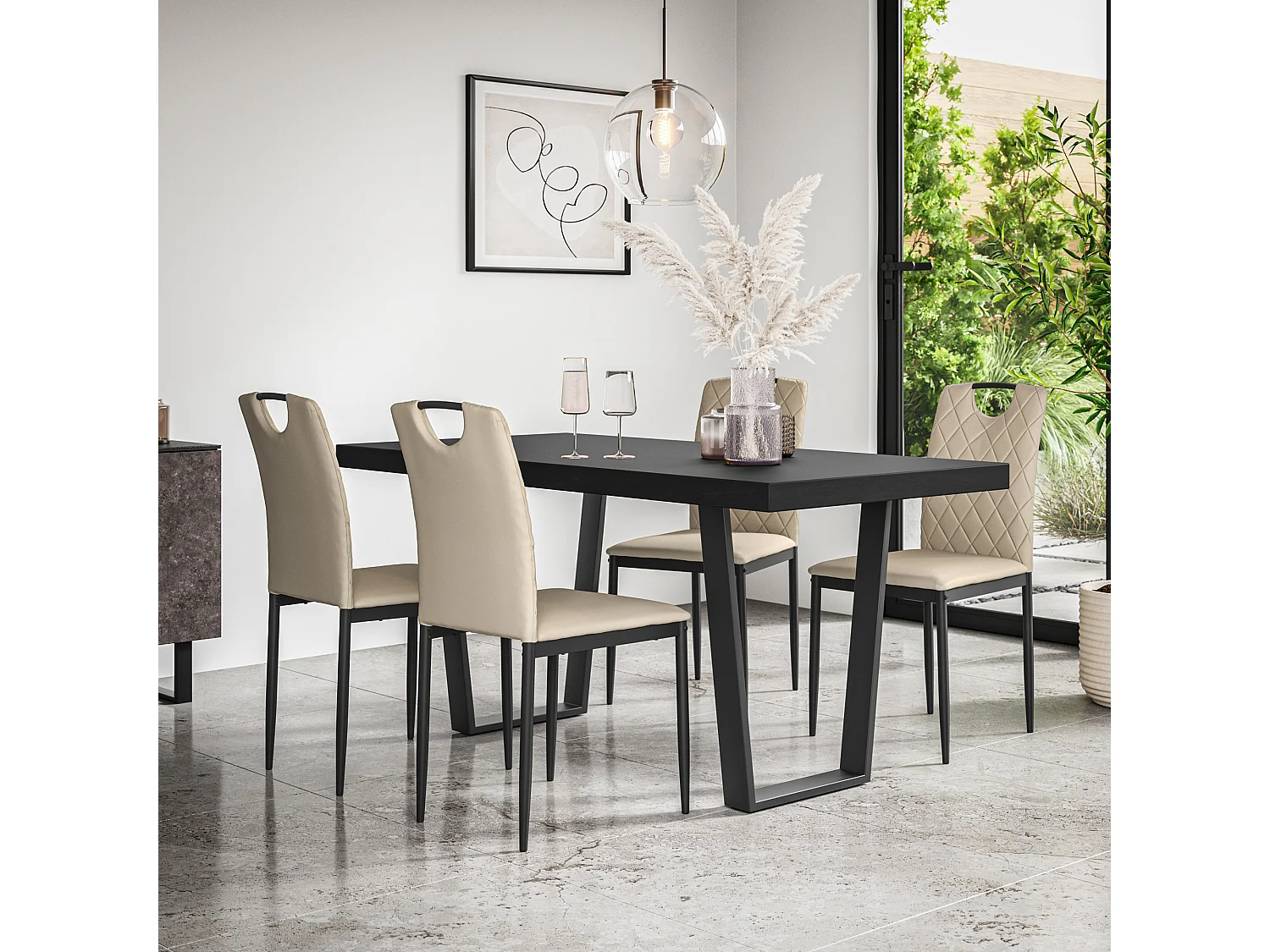 Aria Dining Table And Chairs -  Black Table Top w Black Legs + Monza Faux Leather Dining Chair Set Of 4