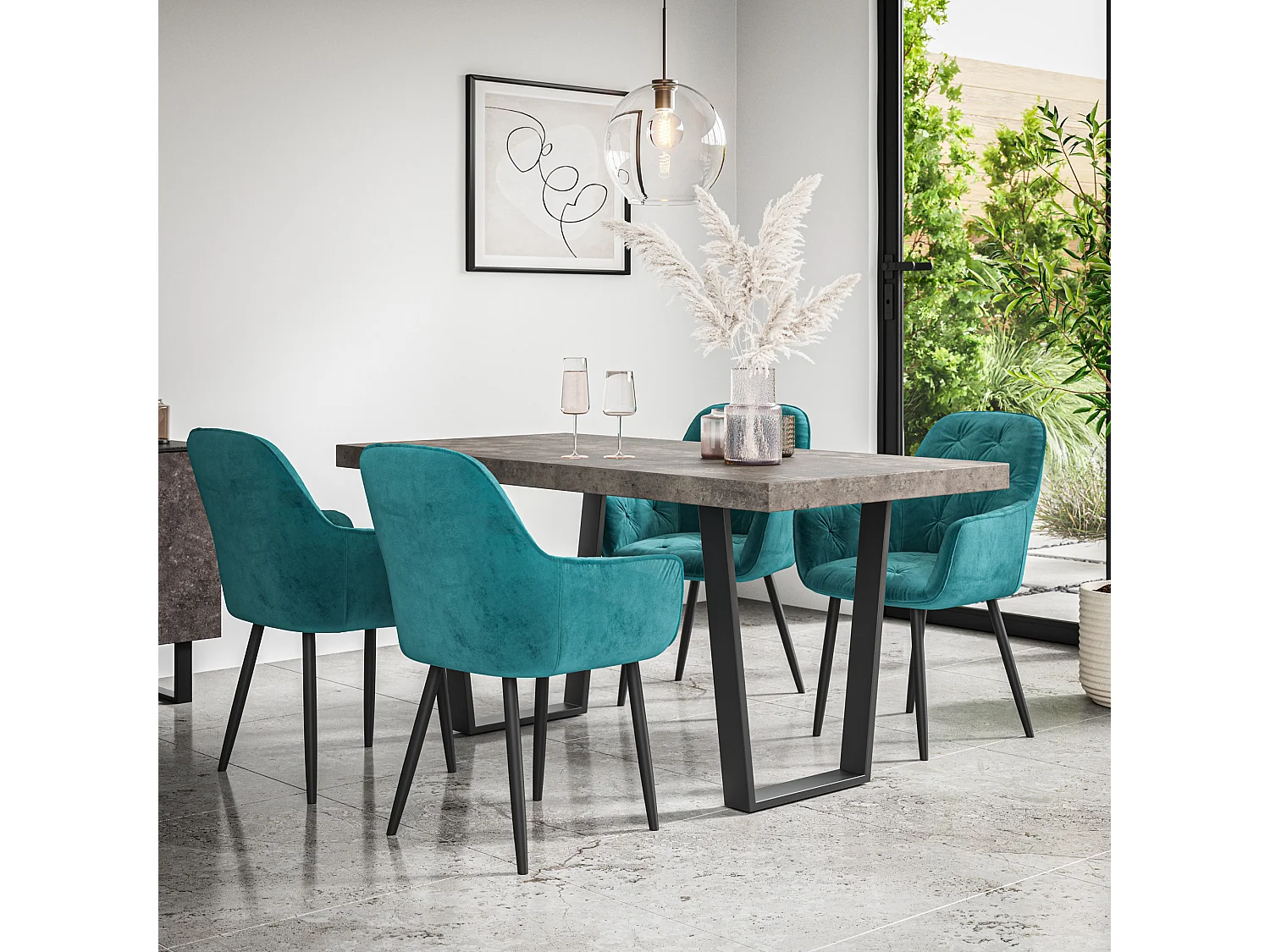 Aria Dining Table And Chairs -  Concrete Effect Table Top w Black Legs + Anika Velvet Dining Chair Set Of 6