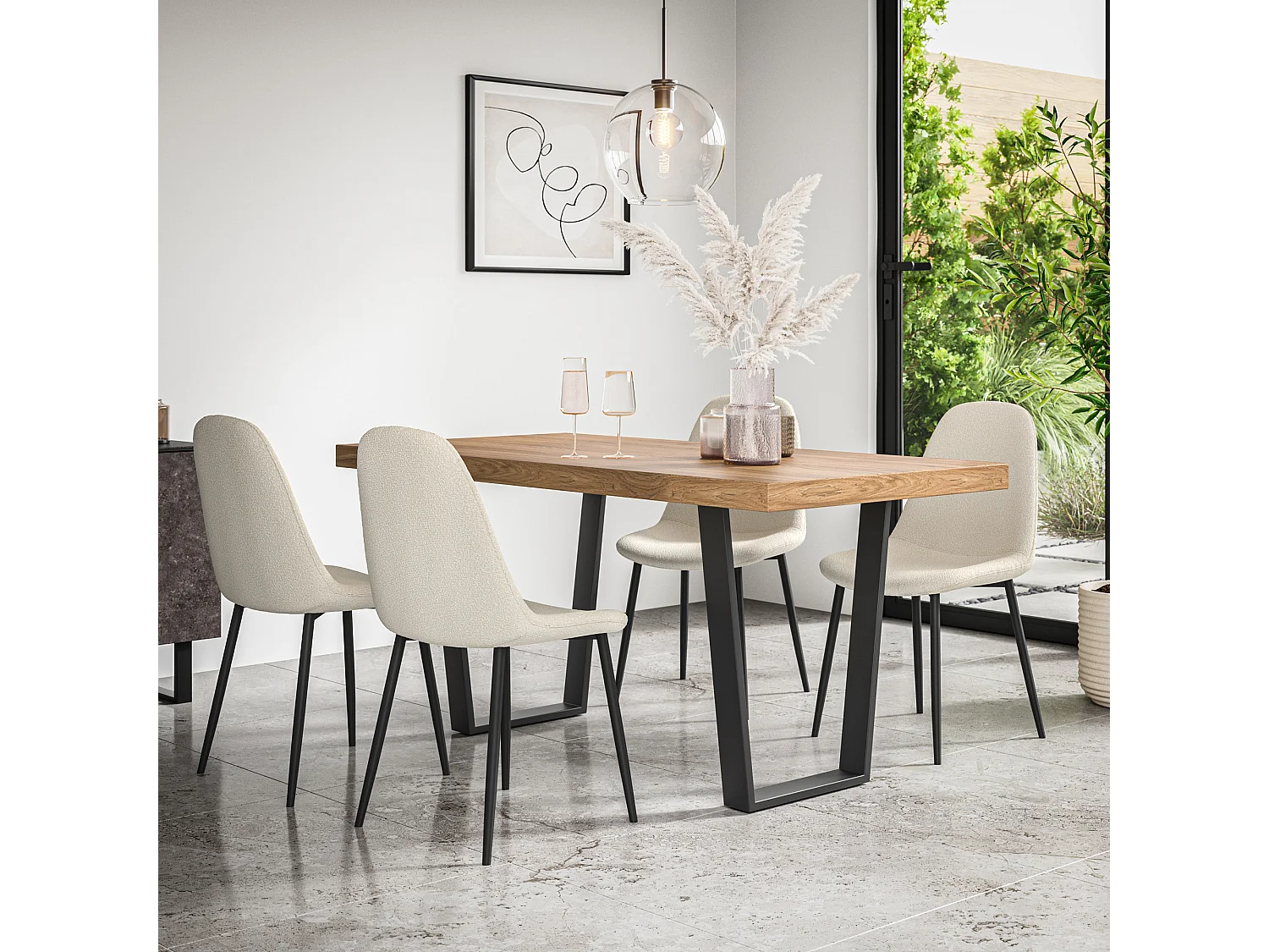 Aria Dining Table And Chairs -  Oak Effect Table Top w Black Legs + Maya Boucle Dining Chair Set Of 4