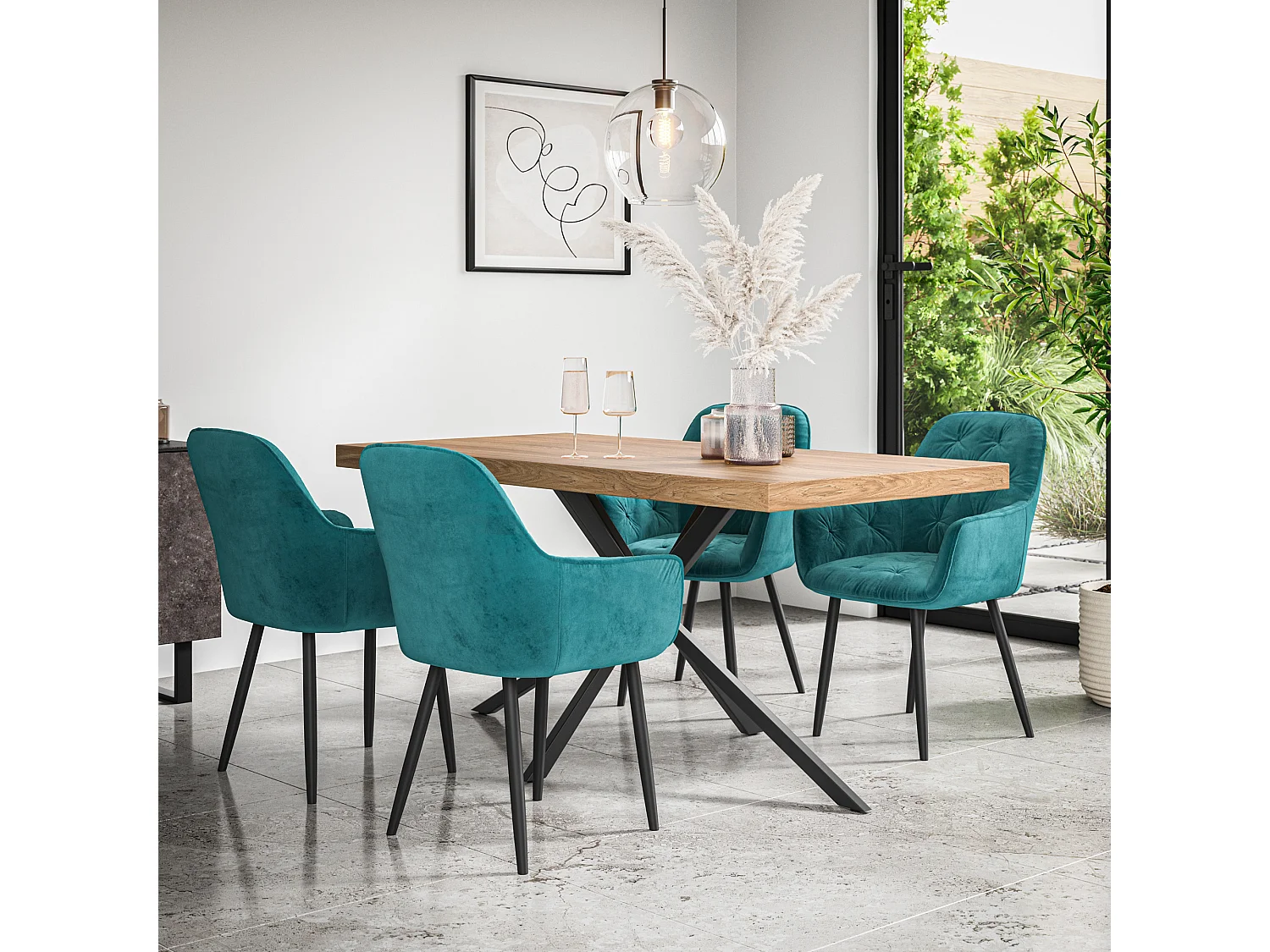 Donni Dining Table And Chairs -  Oak Effect Table Top w Black Legs + Anika Velvet Dining Chair Set Of 4