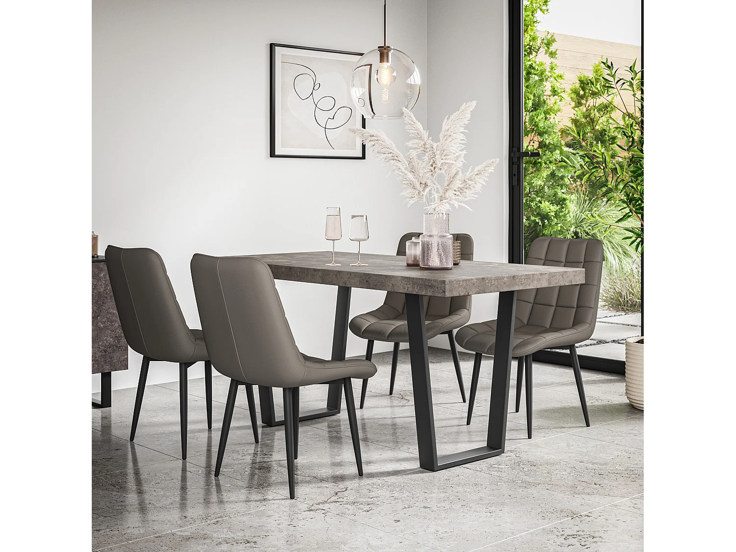 Aria Dining Table And Chairs -  Oak Effect Table Top w Black Legs + Nova Velvet Dining Chair Set Of 6