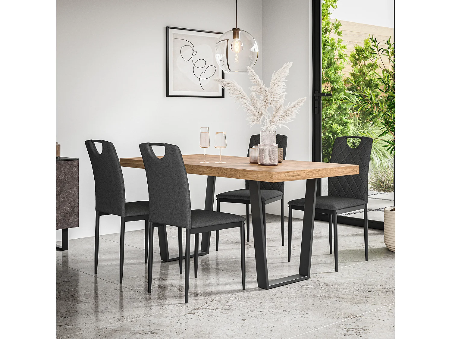 Aria Dining Table And Chairs -  Oak Effect Table Top w Black Legs + Monza Linen Dining Chair l Set Of 6