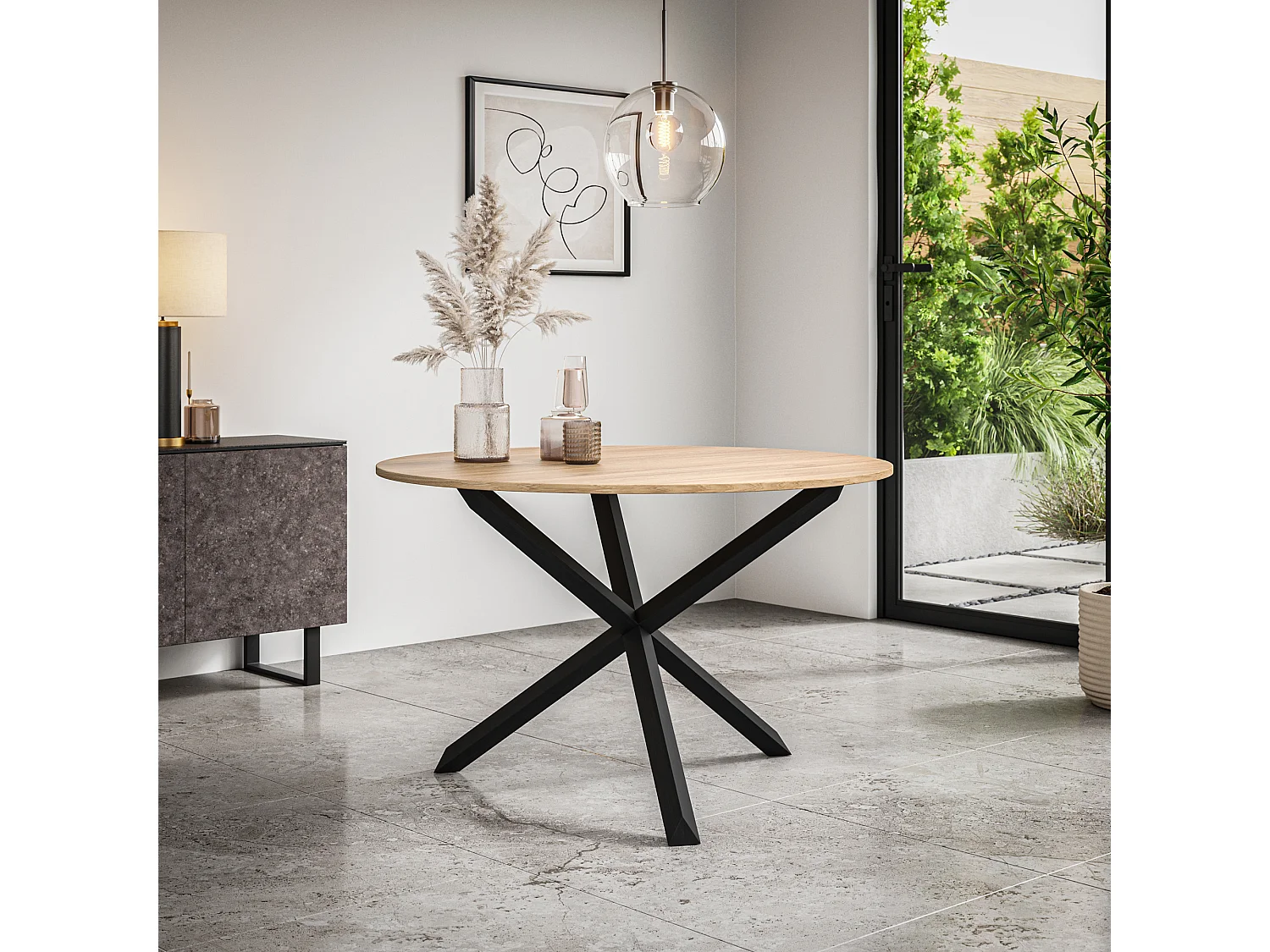 Malvern Round Dining Table And Chairs -  Oak Table Top w Solid Oak Black Legs + Nova Velvet Dining Chair Set Of 4