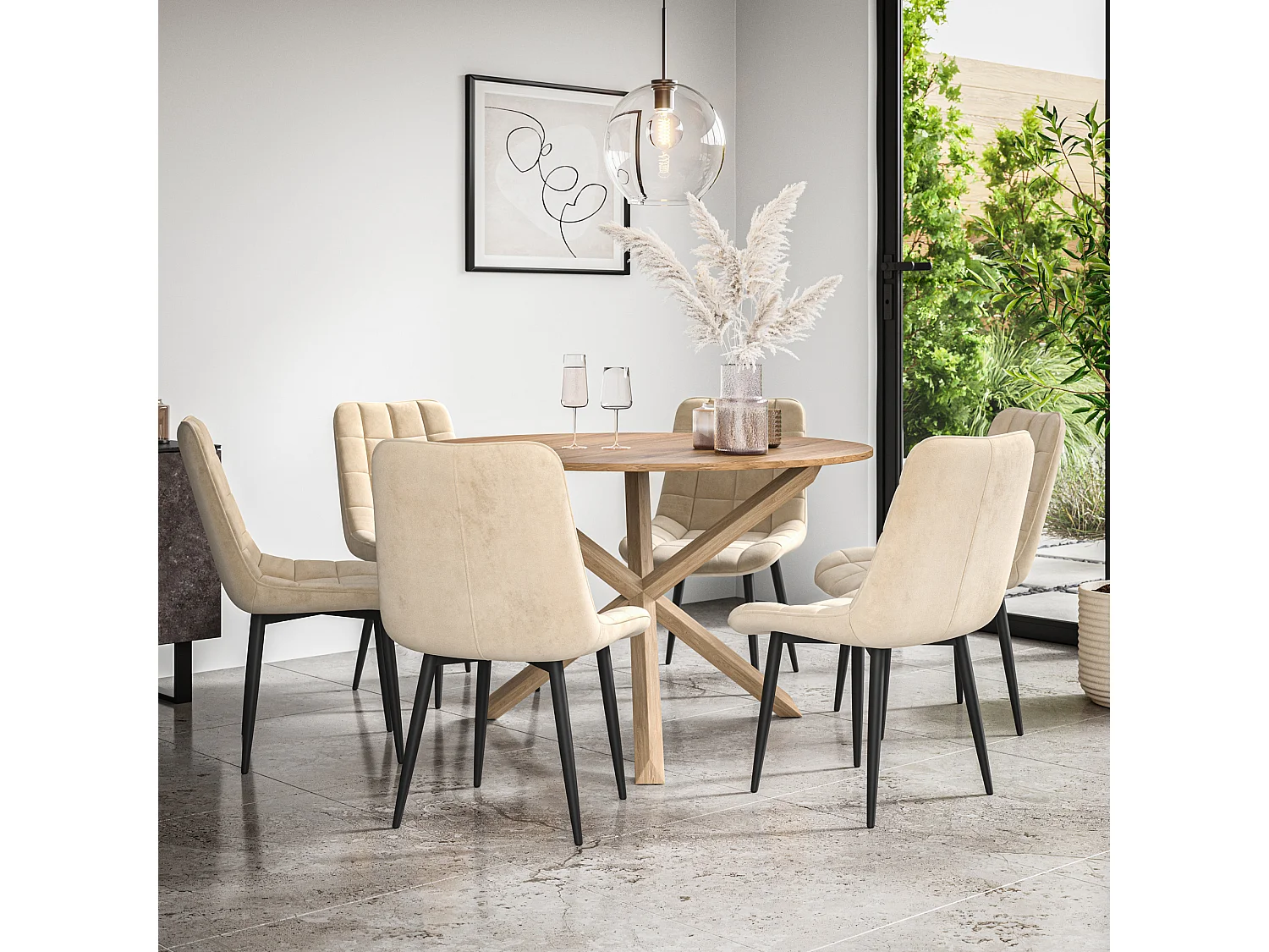 Malvern Round Dining Table And Chairs -  Oak Table Top w Solid Oak Legs + Nova Velvet Dining Chair Set Of 6