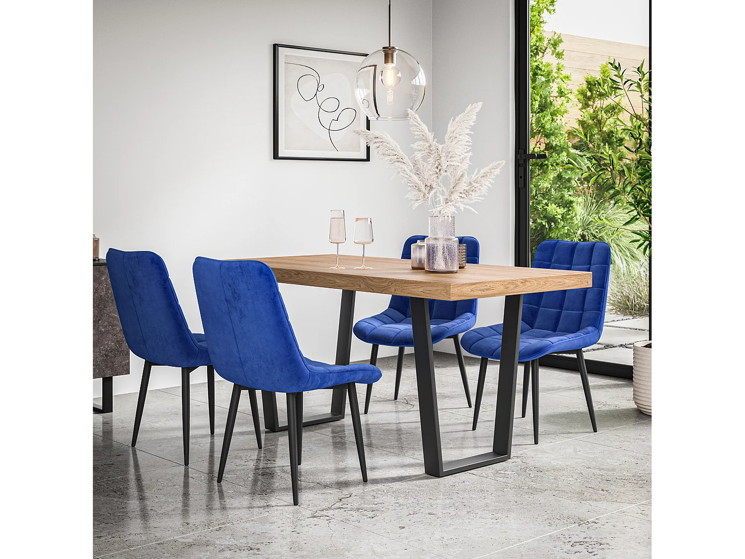 Aria Dining Table And Chairs -  Oak Effect Table Top w Black Legs + Nova Velvet Dining Chair Set Of 4