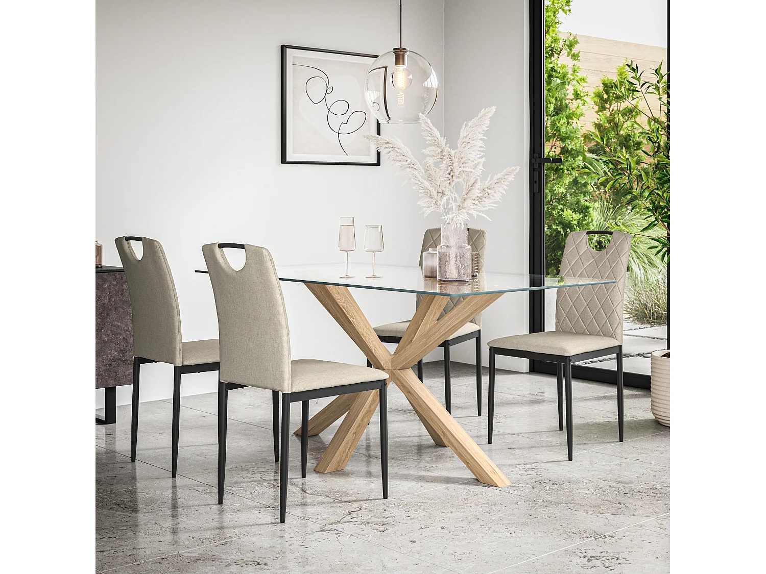 Etta Glass Dining Table And Chairs - Glass Top w Solid Oak Legs + Monza Fabric Dining Chair Set Of 4