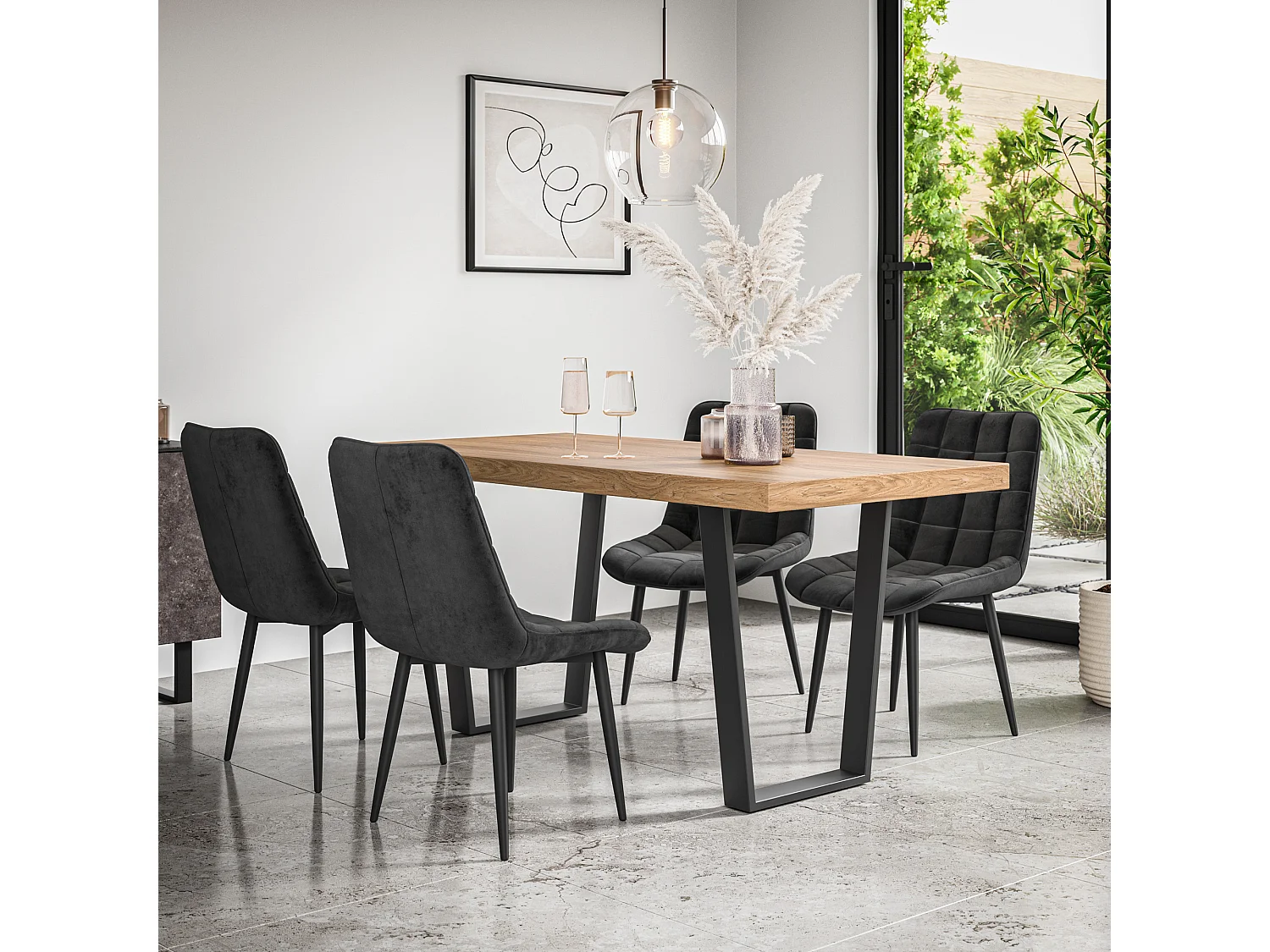 Aria Dining Table And Chairs -  Oak Effect Table Top w Black Legs + Nova Velvet Dining Chair Set Of 6