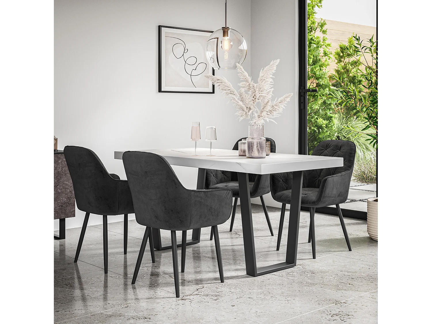 Aria Dining Table And Chairs -  White Marble Effect Table Top w Black Legs + Anika Velvet Dining Chair Set Of 4