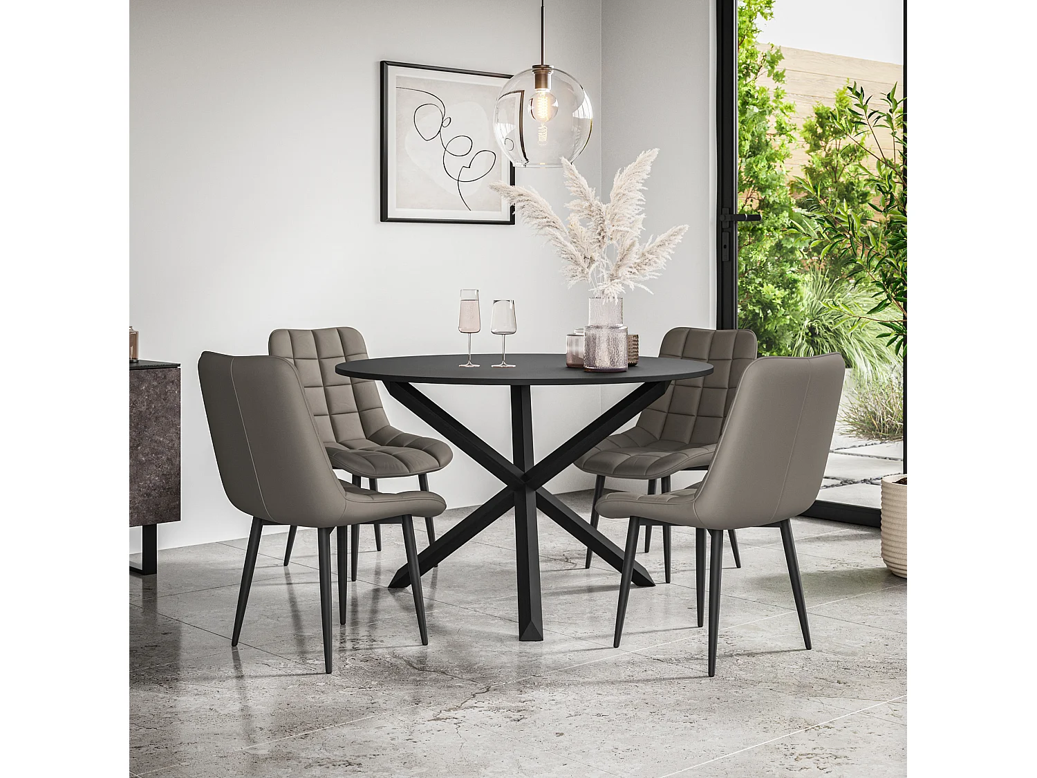 Malvern Round Dining Table And Chairs -  Black Table Top w Solid Oak Black Legs + Nova Faux Leather Dining Chair Set Of 4