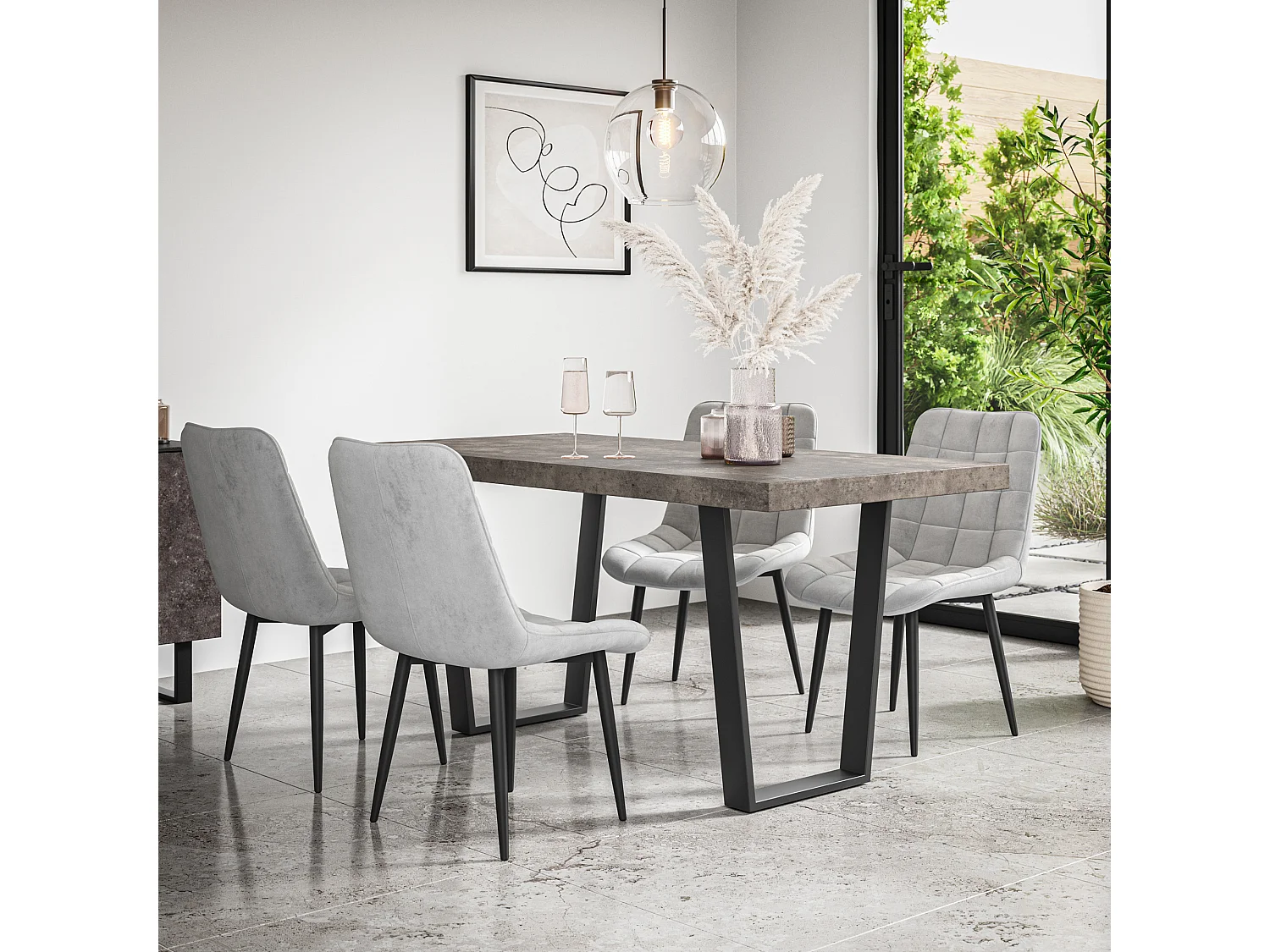 Aria Dining Table And Chairs -  Concrete Effect Table Top w Black Legs + Nova Velvet Dining Chair Set Of 4