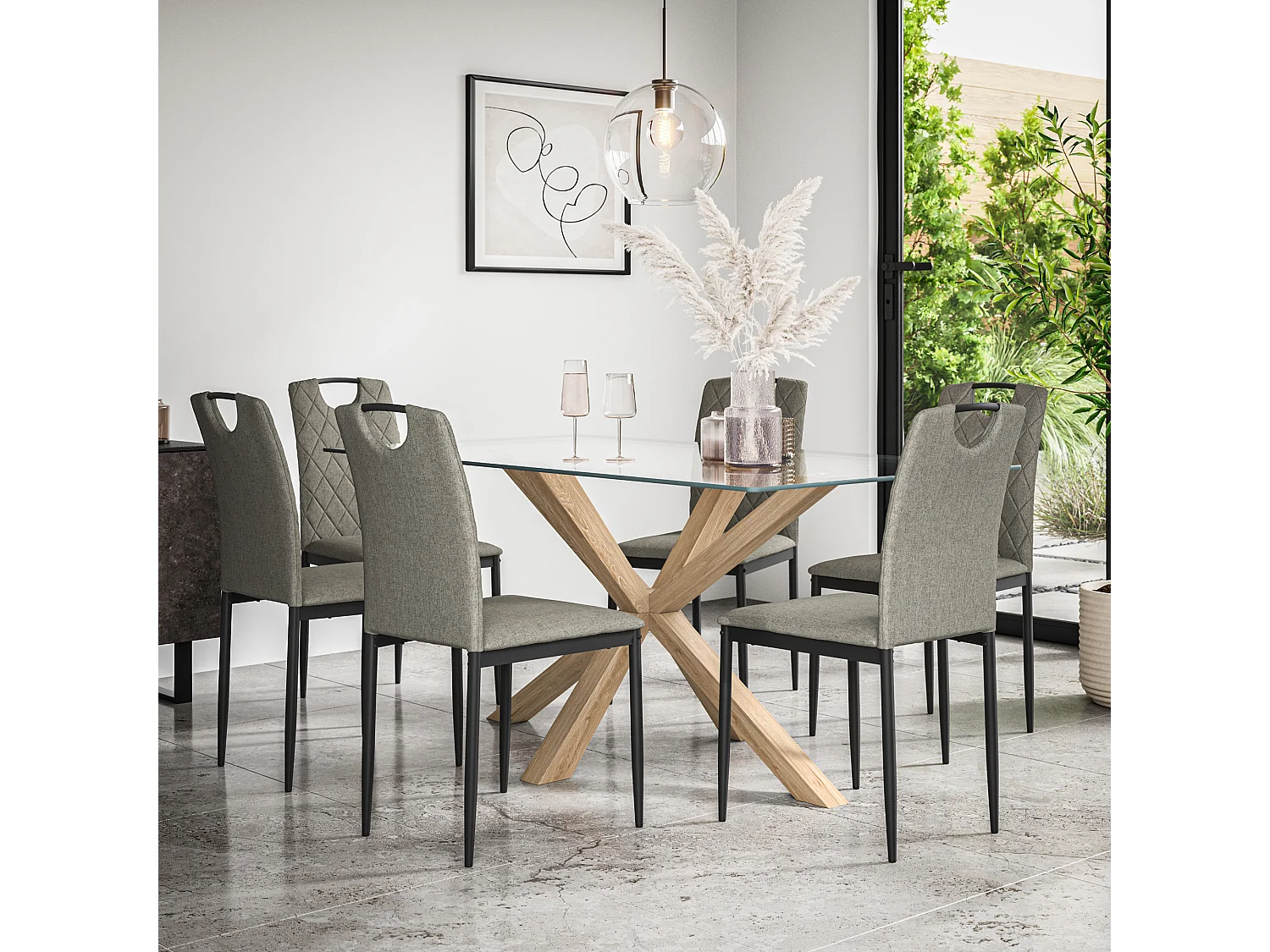 Etta Glass Dining Table And Chairs - Glass Top w Solid Oak Legs + Monza Fabric Dining Chair Set Of 6
