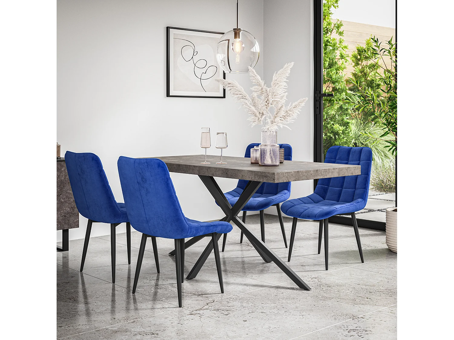Donni Dining Table And Chairs -  Concrete Effect Table Top w Black Legs + Nova Velvet Dining Chair Set Of 4