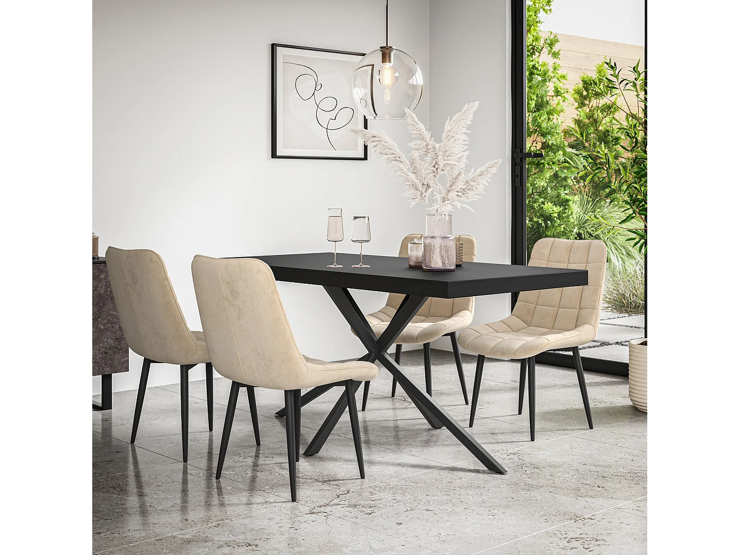 Donni Dining Table And Chairs -  Black Table Top w Black Legs + Nova Velvet Dining Chair Set Of 6