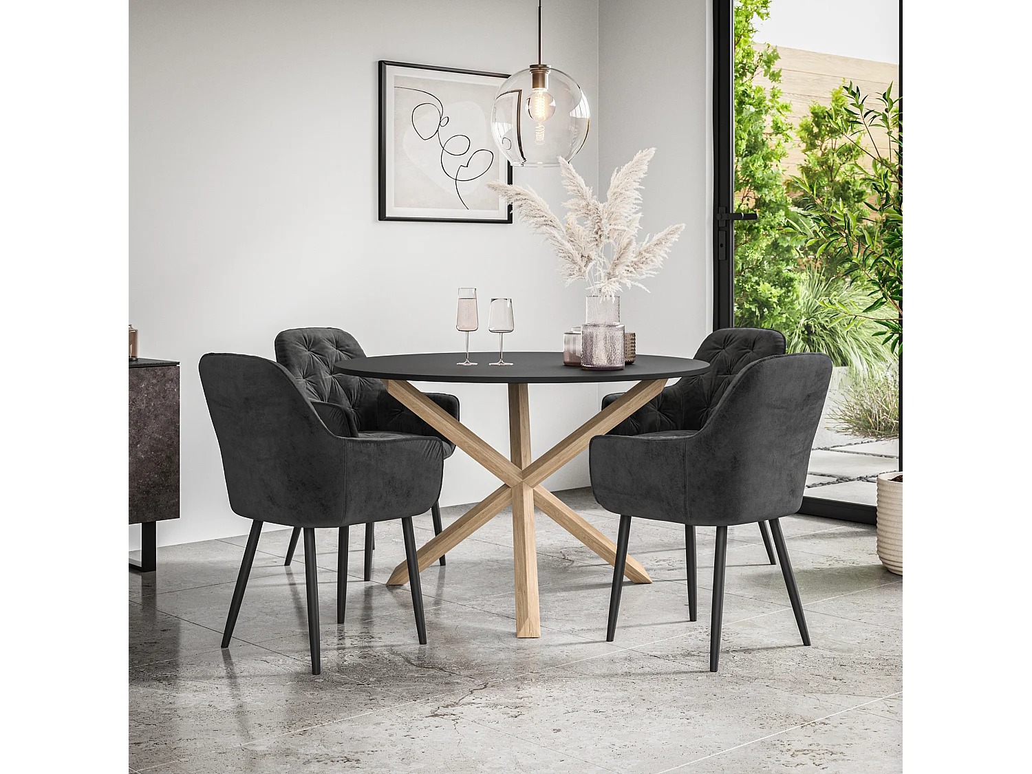 Malvern Round Dining Table And Chairs -  Black Table Top w Solid Oak Legs + Anika Velvet Dining Chair Set Of 4