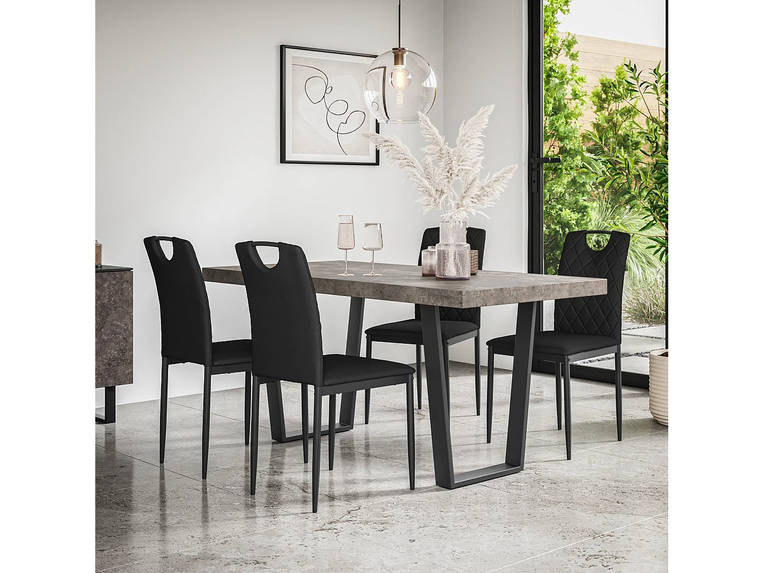 Aria Dining Table And Chairs -  Concrete Effect Table Top w Black Legs + Monza Faux Leather Dining Chair  Set Of 4