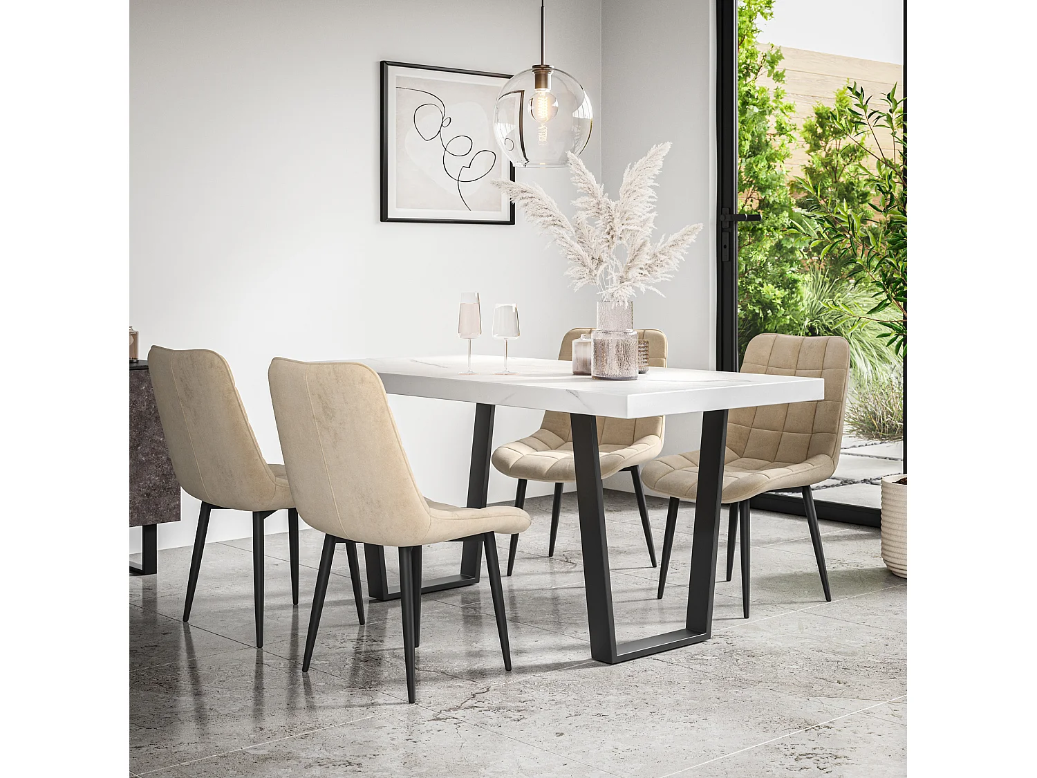 Aria Dining Table And Chairs -  White Marble Effect Table Top w Black Legs + Nova Velvet Dining Chair Set Of 4