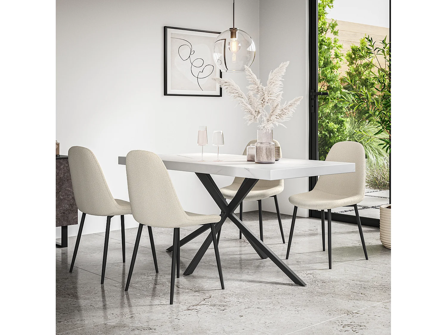 Donni Dining Table And Chairs -  White Marble Effect Table Top w Black Legs + Maya Boucle Dining Chair Set Of 4