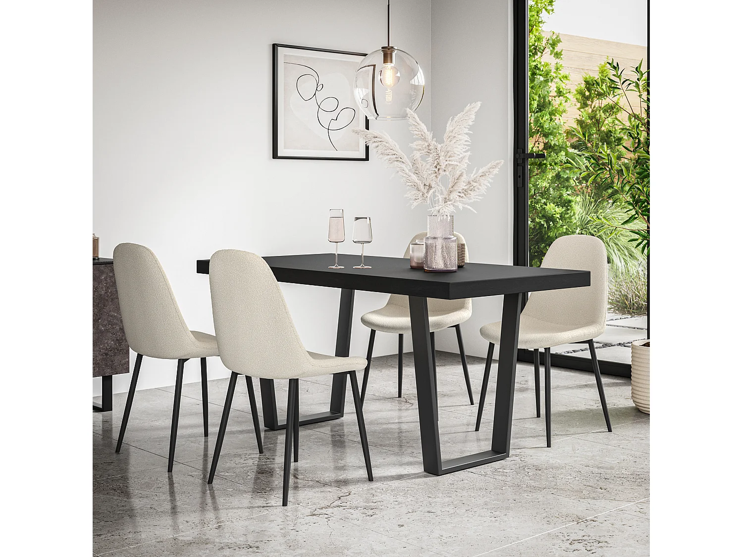 Aria Dining Table And Chairs -  Black Table Top w Black Legs + Maya Boucle Dining Chair Set Of 4