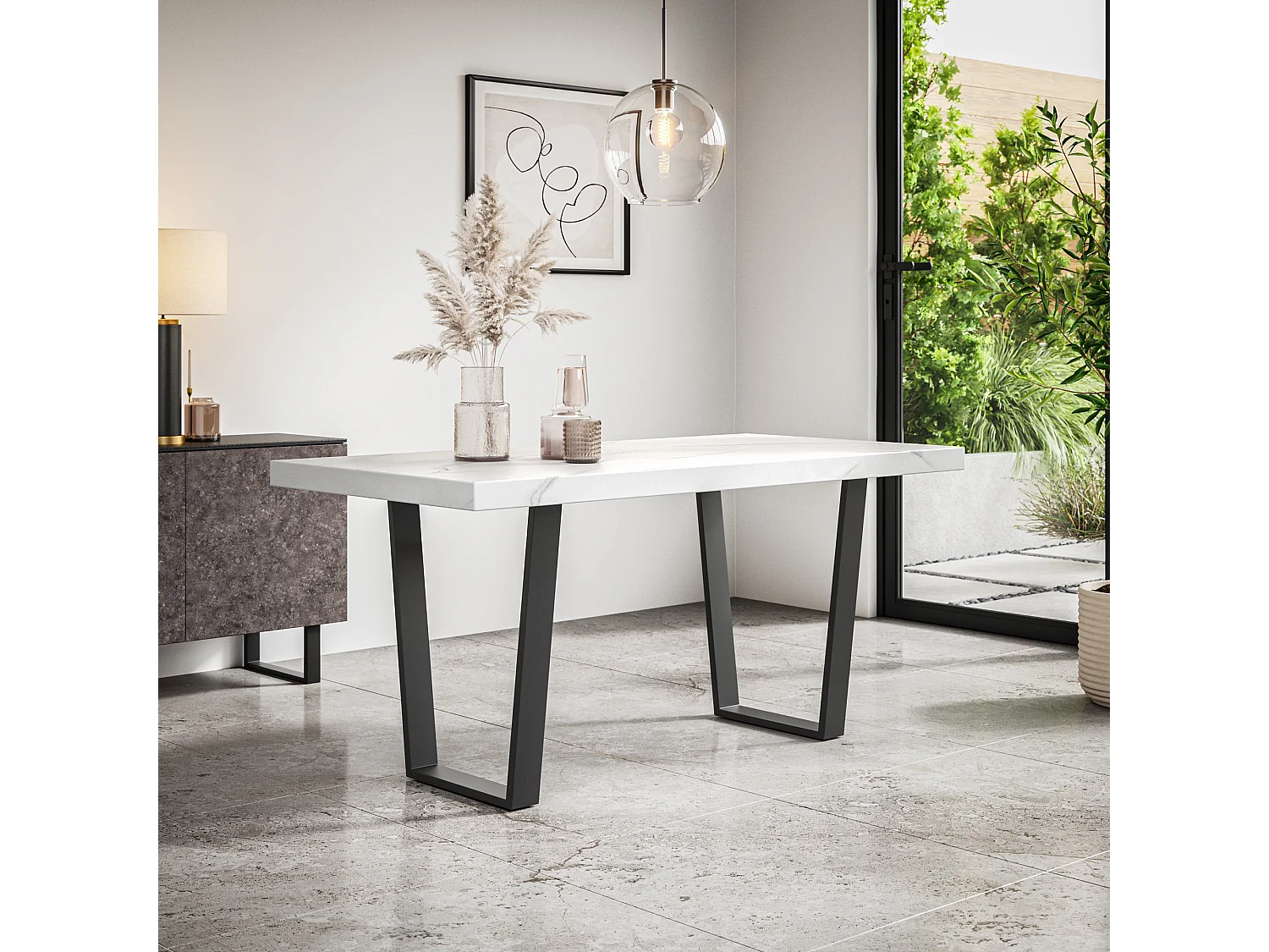 Aria Dining Table And Chairs -  White Marble Effect Table Top w Black Legs + Nova Faux Leather Dining Chair Set Of 6