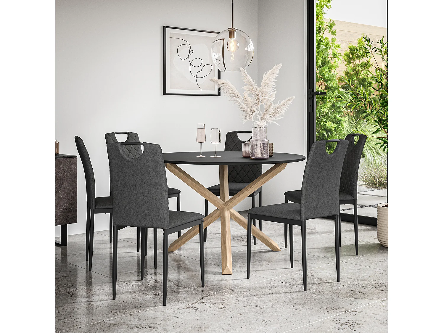 Malvern Round Dining Table And Chairs -  Black Table Top w Solid Oak Legs + Monza Fabric Dining Chair Set Of 6