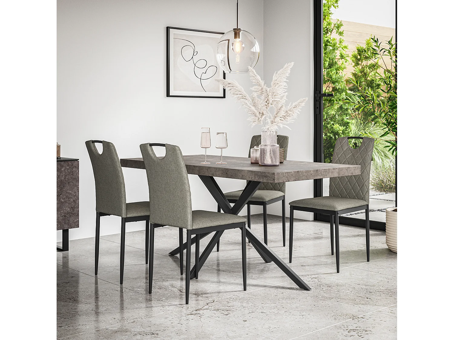 Donni Dining Table And Chairs -  Concrete Effect Table Top w Black Legs + Monza Linen Dining Chair Set Of 6