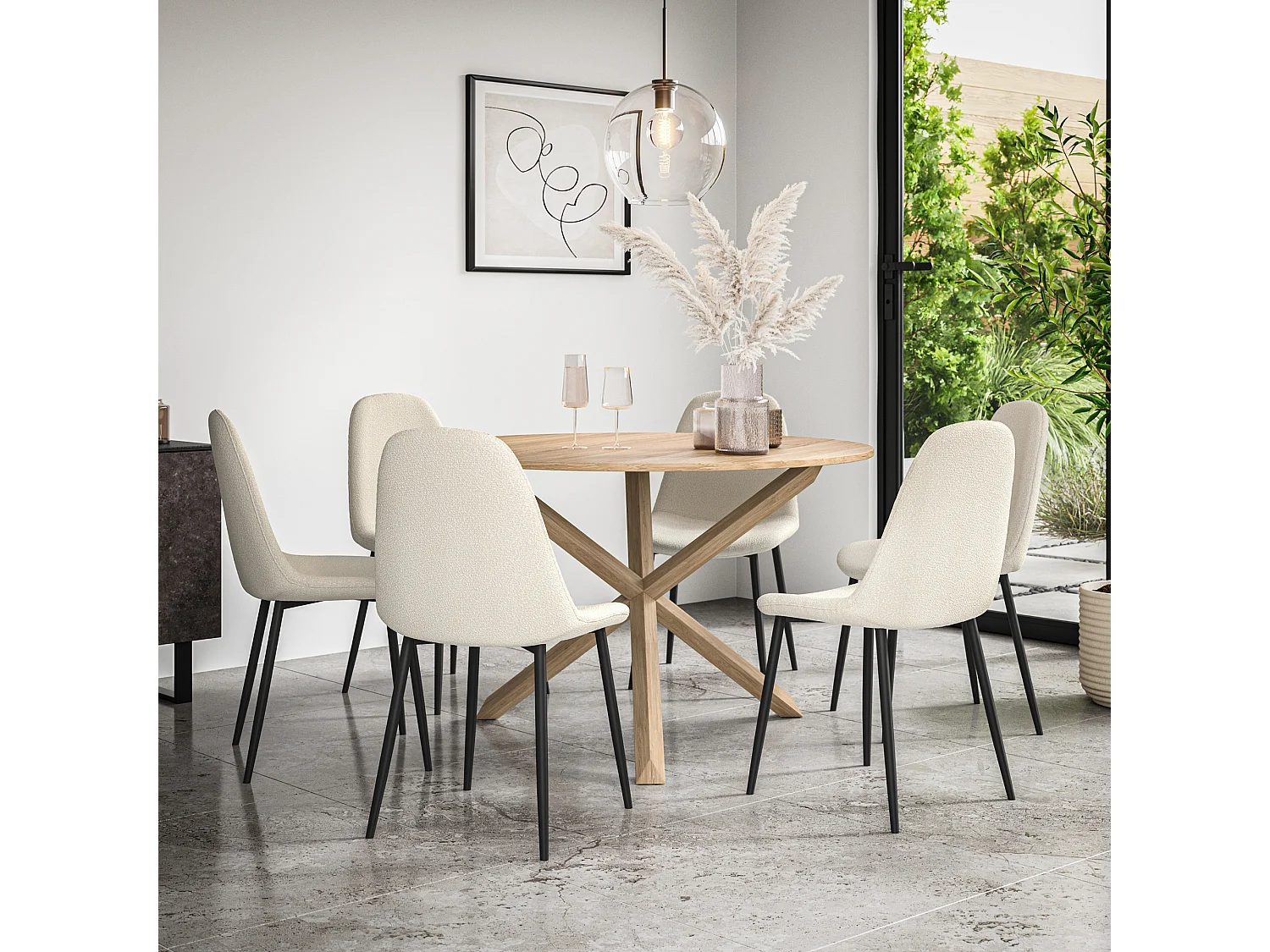 Malvern Round Dining Table And Chairs -  Oak Table Top w Solid Oak Legs + Maya Boucle Dining Chair Set Of 6