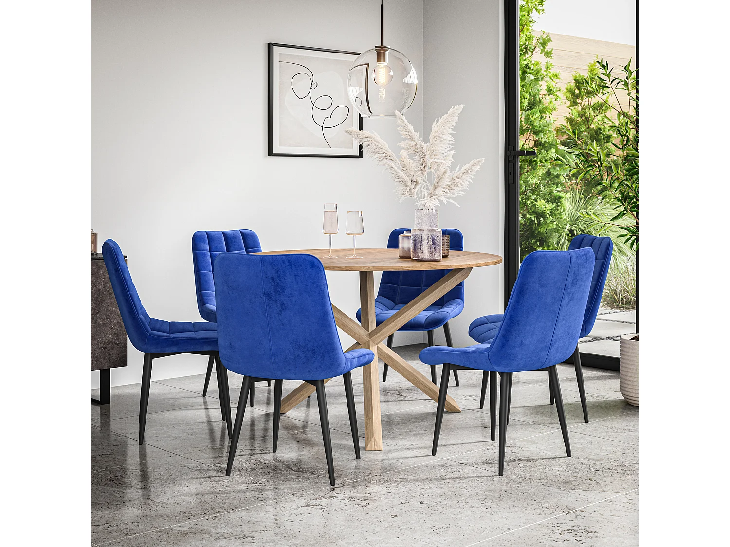 Malvern Round Dining Table And Chairs -  Oak Table Top w Solid Oak Legs + Nova Velvet Dining Chair Set Of 6