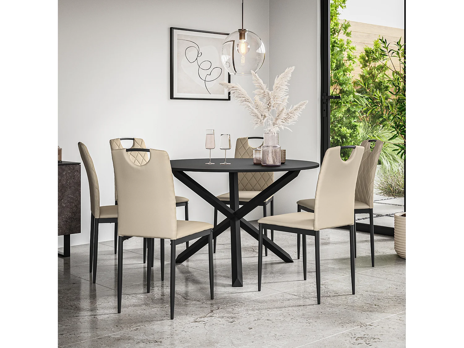 Malvern Round Dining Table And Chairs -  Black Table Top w Solid Oak Black Legs + Monza Faux Leather Dining Chair Set Of 6