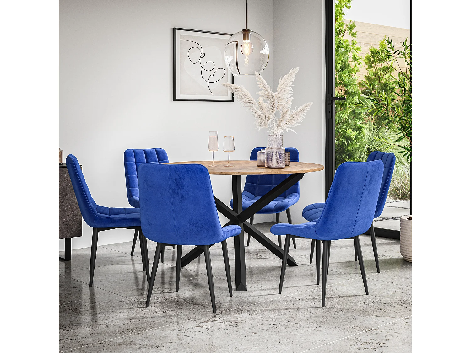 Malvern Round Dining Table And Chairs -  Oak Table Top w Solid Oak Black Legs + Nova Velvet Dining Chair Set Of 6