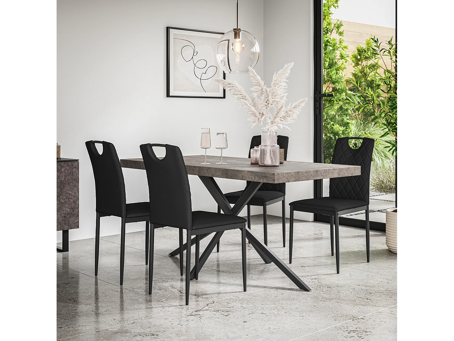 Donni Dining Table And Chairs -  Concrete Effect Table Top w Black Legs + Monza Faux Leather Dining Chair Set Of 6