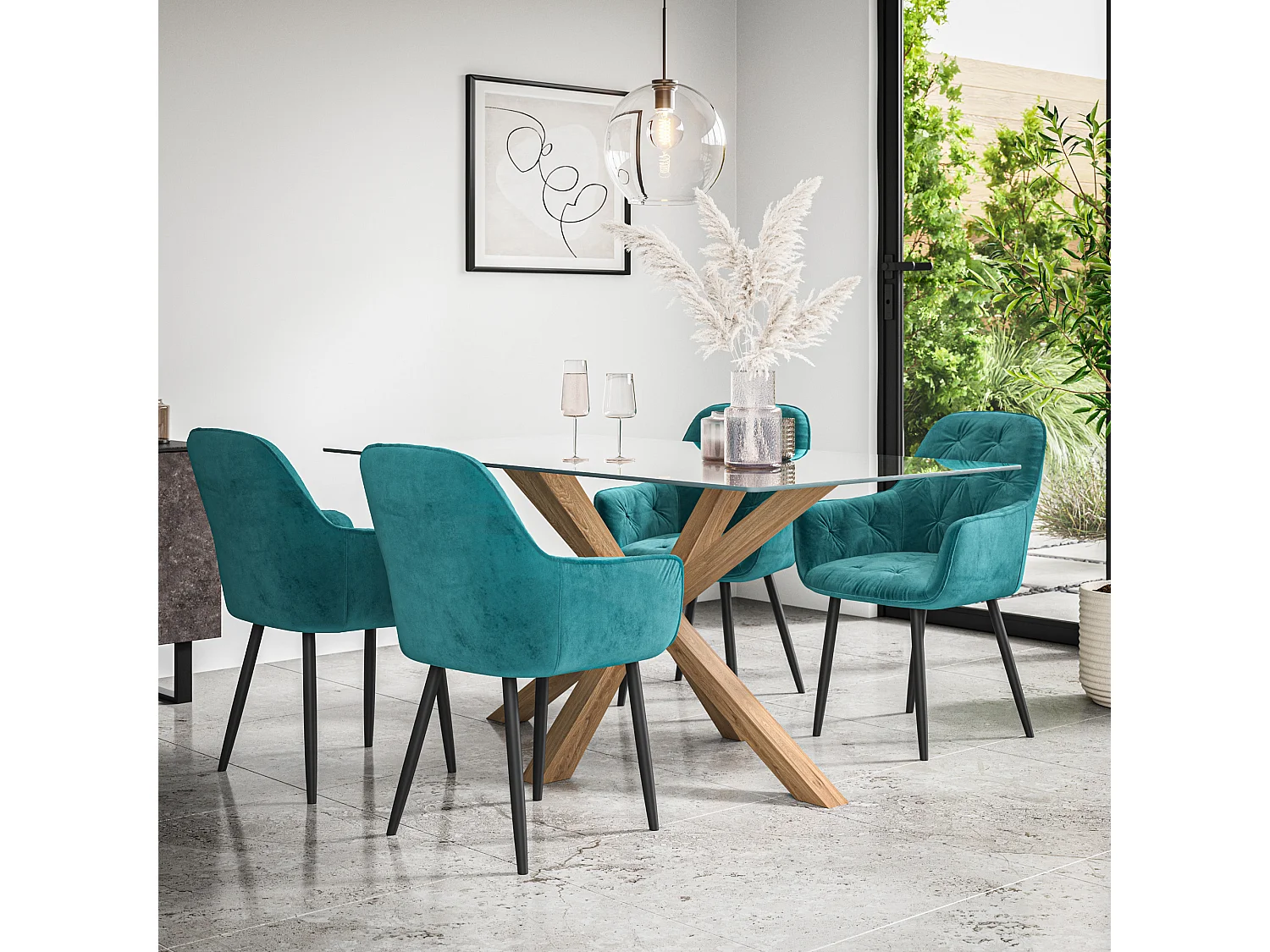 Etta Glass Dining Table And Chairs - Glass Top w Solid Oak Legs + Anika Velvet Dining Chair Set Of 4