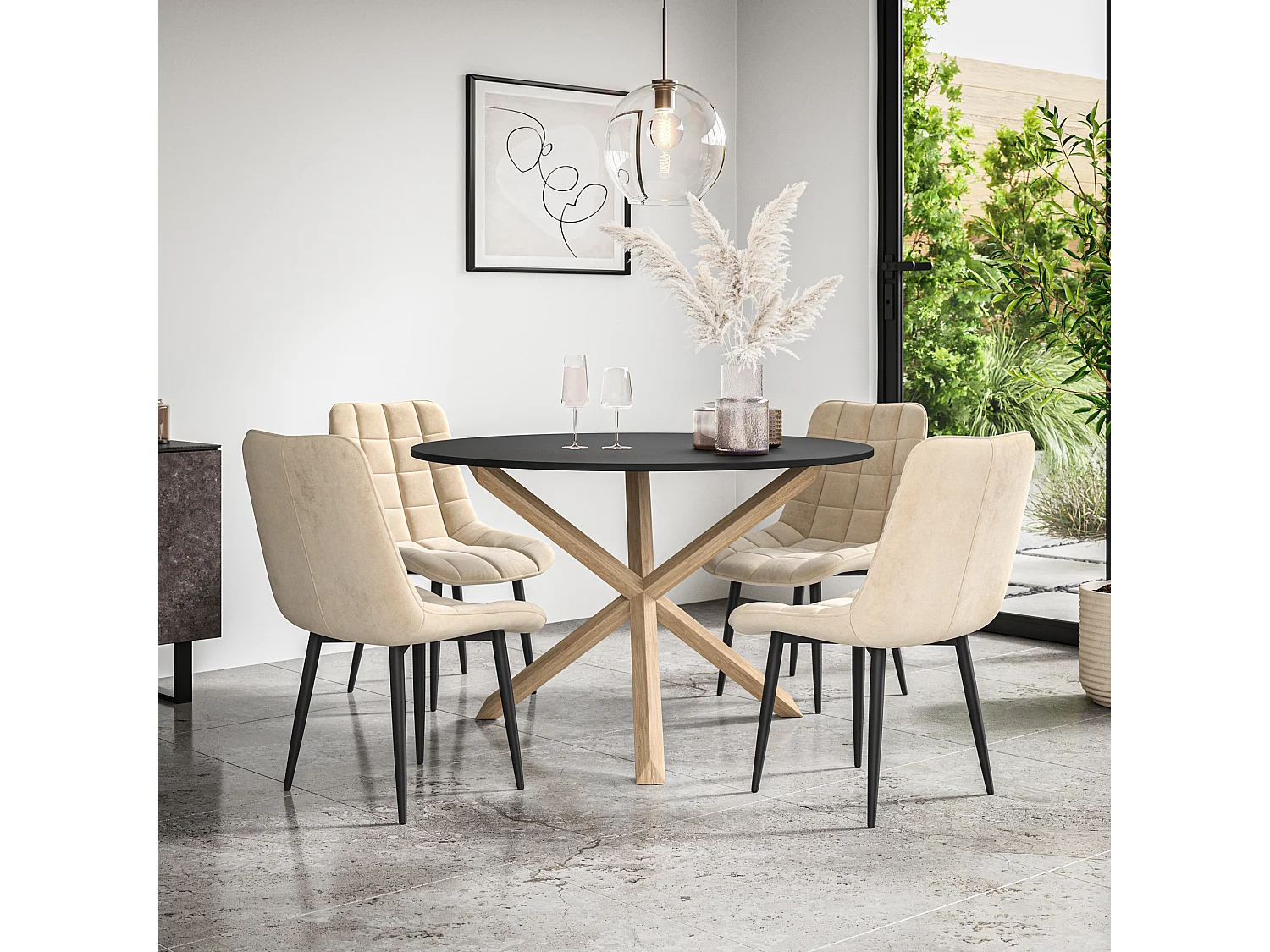 Malvern Round Dining Table And Chairs -  Black Table Top w Solid Oak Legs + Nova Velvet Dining Chair Set Of 4