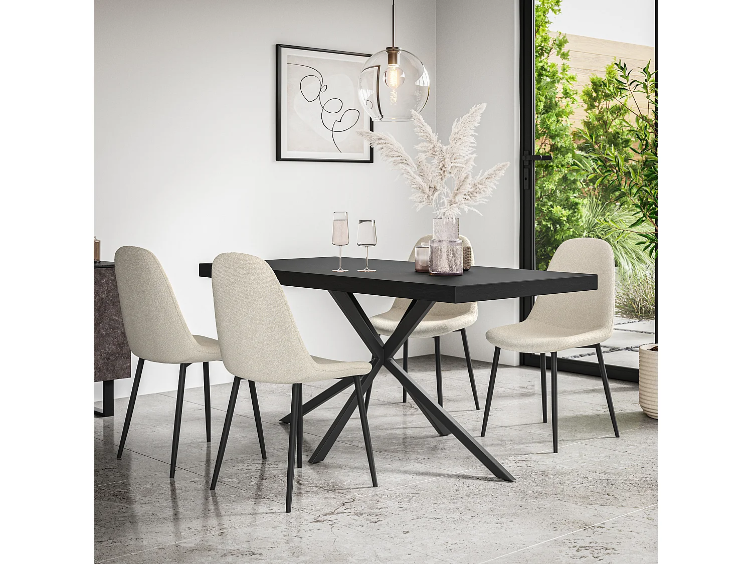 Donni Dining Table And Chairs -  Black Table Top w Black Legs + Maya Boucle Dining Chair Set Of 4