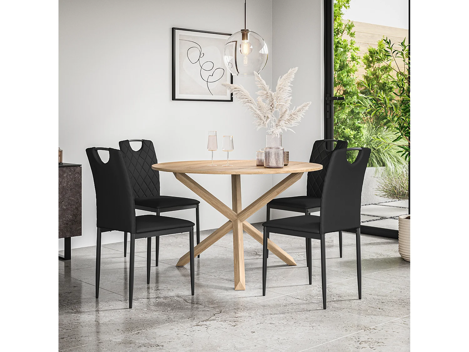Malvern Round Dining Table And Chairs -  Oak Table Top w Solid Oak Legs + Monza Faux Leather Dining Chair Set Of 4
