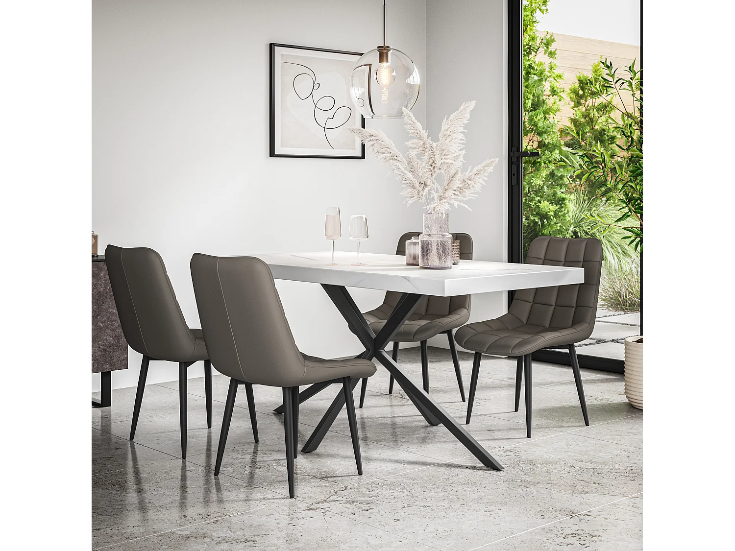 Donni Dining Table And Chairs -  White Marble Effect Table Top w Black Legs + Nova Faux Leather Dining Chair Set Of 4