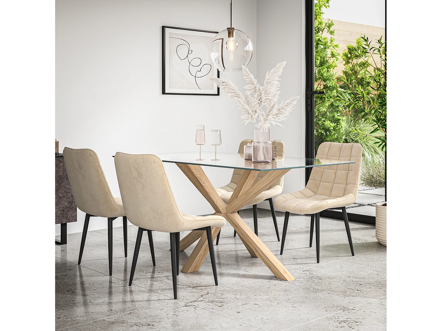 Etta Glass Dining Table And Chairs - Glass Top w Solid Oak Legs + Nova Velvet Dining Chair Set Of 4
