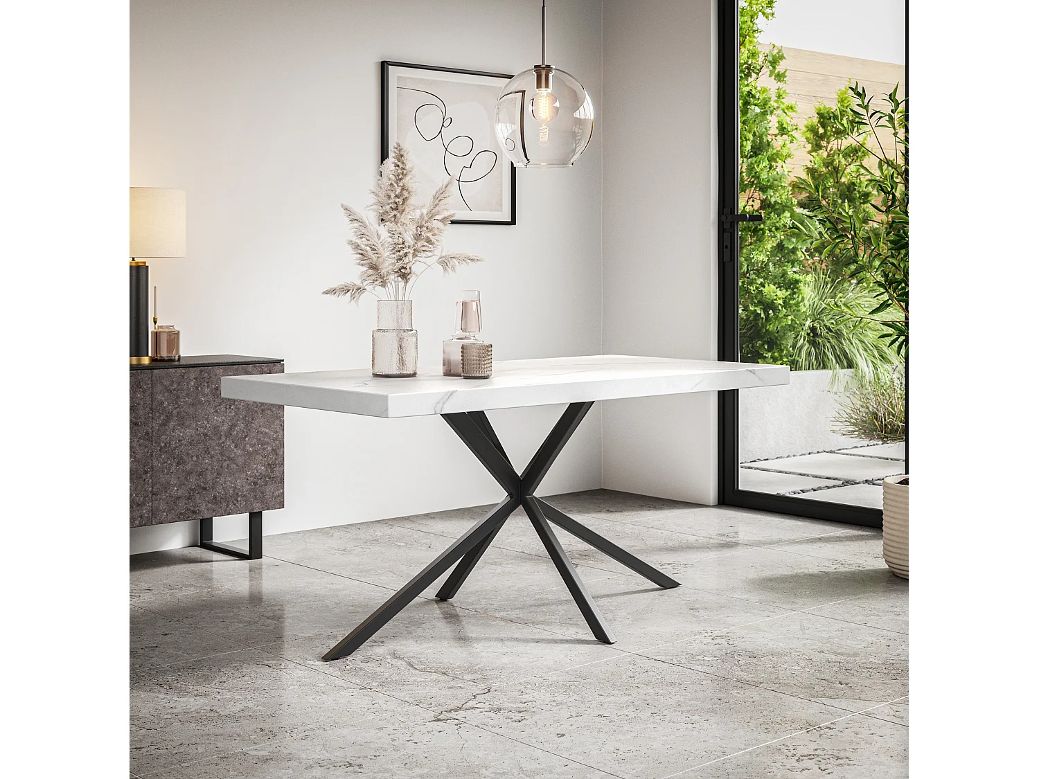 Donni Dining Table And Chairs -  White Marble Effect Table Top w Black Legs + Nova Faux Leather Dining Chair Set Of 6