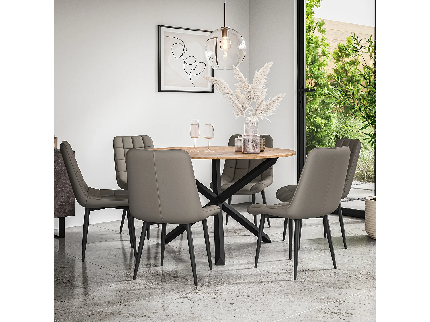 Malvern Round Dining Table And Chairs -  Oak Table Top w Solid Oak Black Legs + Nova Faux Leather Dining Chair Set Of 6