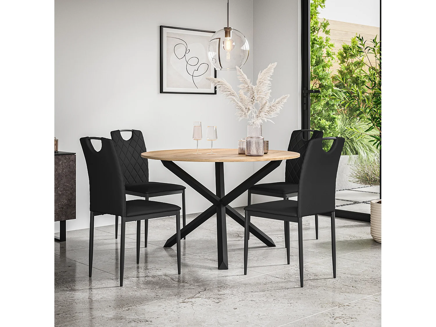 Malvern Round Dining Table And Chairs -  Oak Table Top w Solid Oak Black Legs + Monza Faux Leather Dining Chair Set Of 4