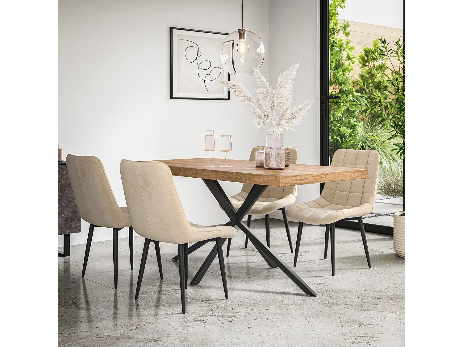 Donni Dining Table And Chairs -  Oak Effect Table Top w Black Legs + Nova Velvet Dining Chair Set Of 6